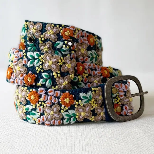 Embroidered Wool Belt - Navy Floral