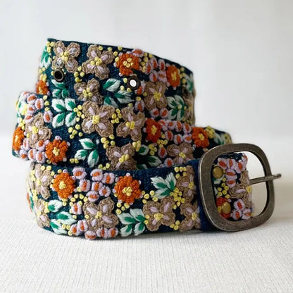 Embroidered Wool Belt - Navy Floral