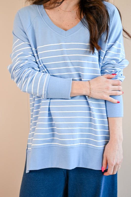 Maple Street V Neck - Stripe Sky