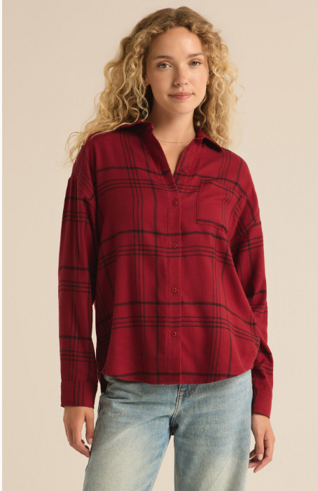 Lincoln Plaid Button-up Top - Wine