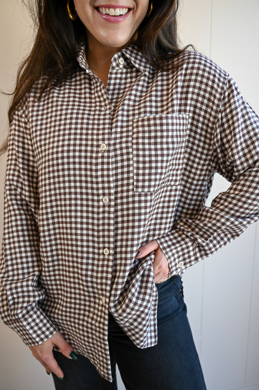 Lincoln Plaid Button-up Top - Chocolate Gigham