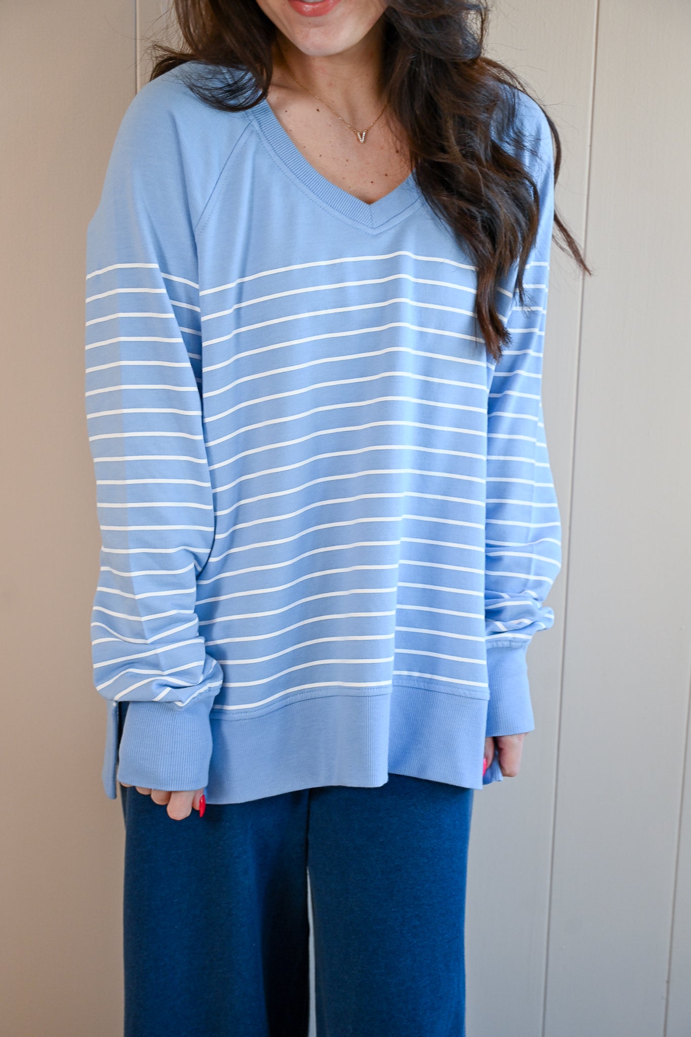 Maple Street V Neck - Stripe Sky