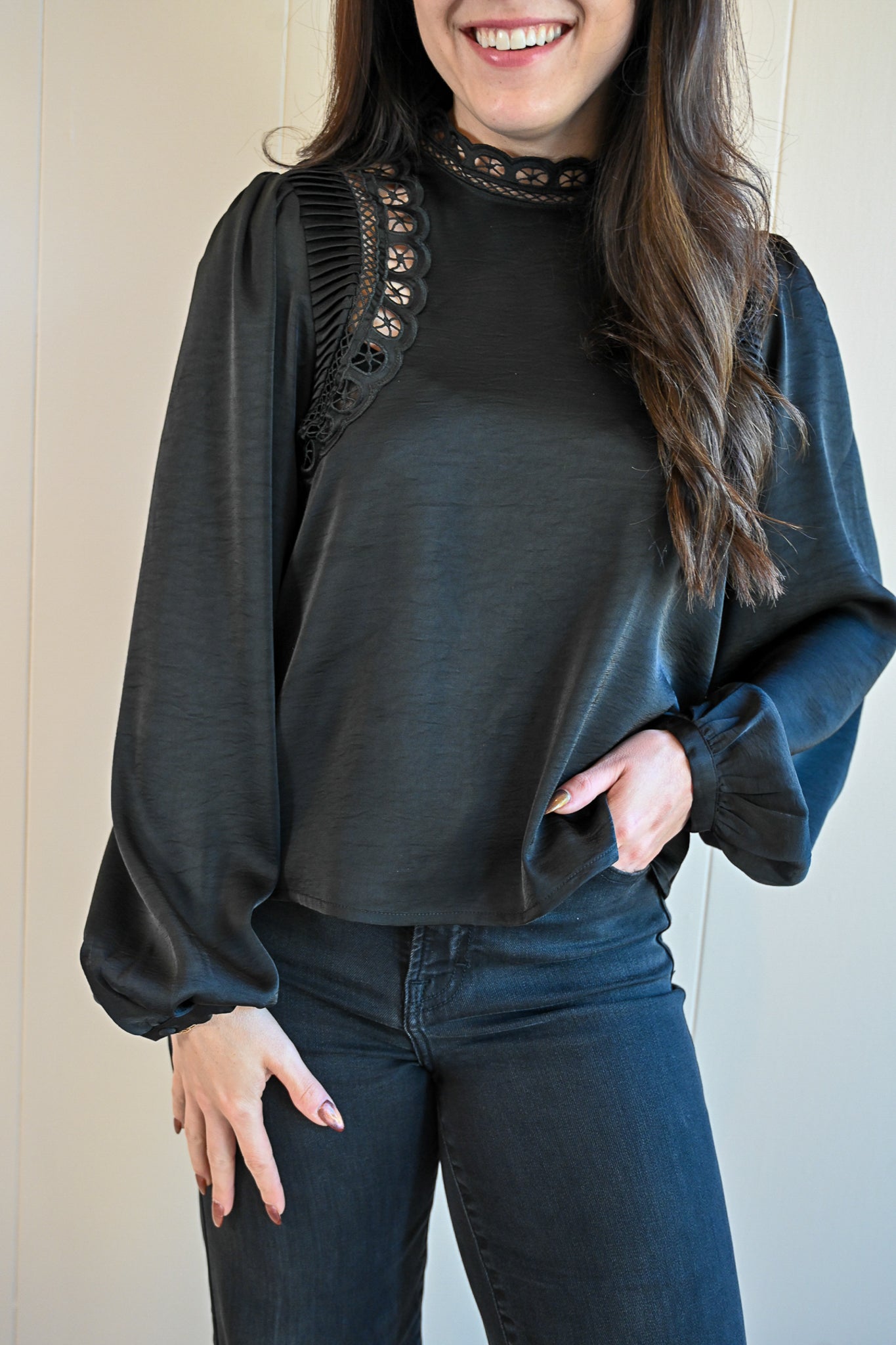 Spruce Avenue Embroidered Mock Neck Blouse