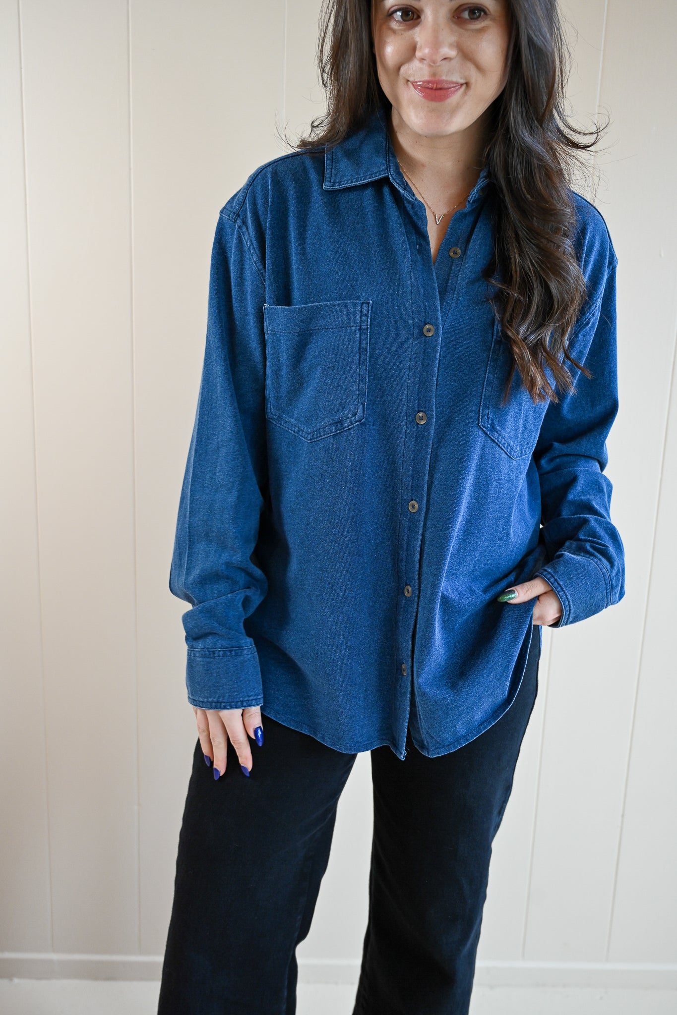 Pedersen Court Jersey Denim Button Up Top